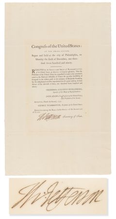 Lot #4002 Thomas Jefferson Document Signed as Secretary of State, Acknowledging France's Tribute 